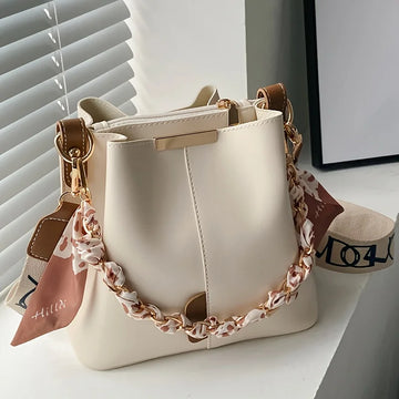 Shoulder Bag With Ribbon Chain Bucket Design For Daily