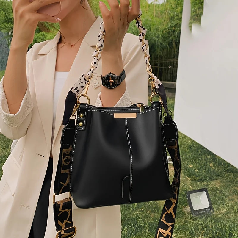 Shoulder Bag With Ribbon Chain Bucket Design For Daily
